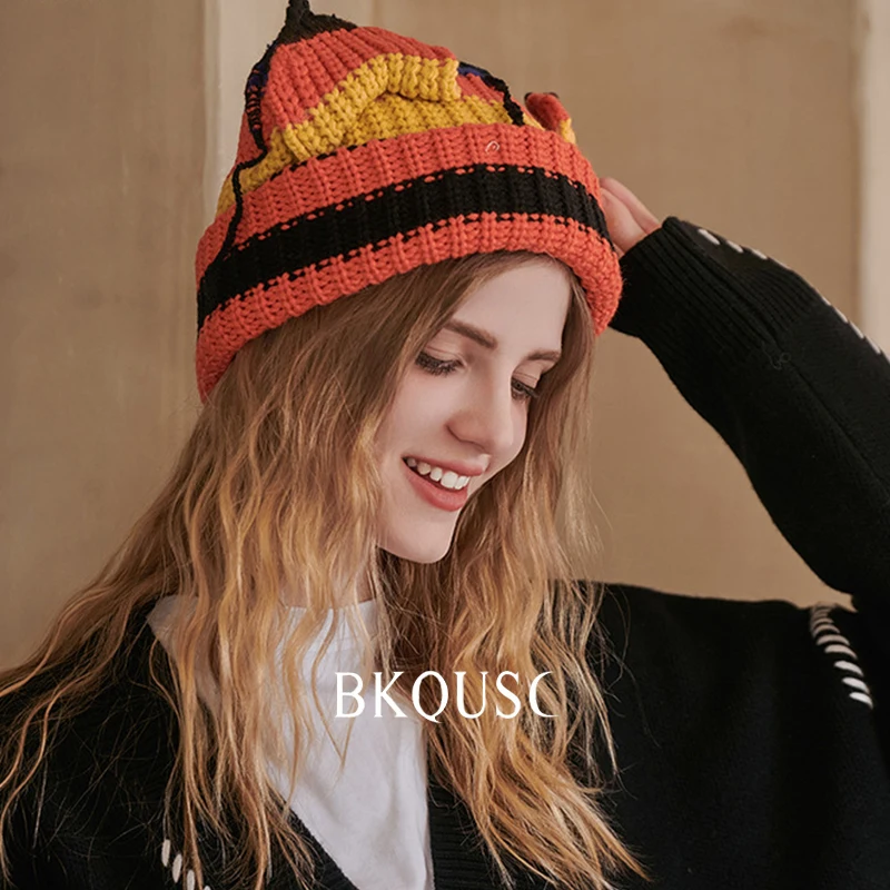 BKQUSC Knitted Cute Cat Ear Beanies for Women Winter Warm Thick Striped Knitting Bonnet Cap Female Big Head Skullies Beanies Hat