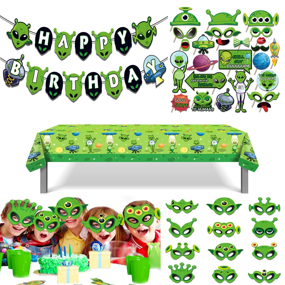 Cartoon Sci-fi Alien Outer Space Planet Birthday Party Banner Disposable Tablecloths Baby Shower Party Backdrops Decorations