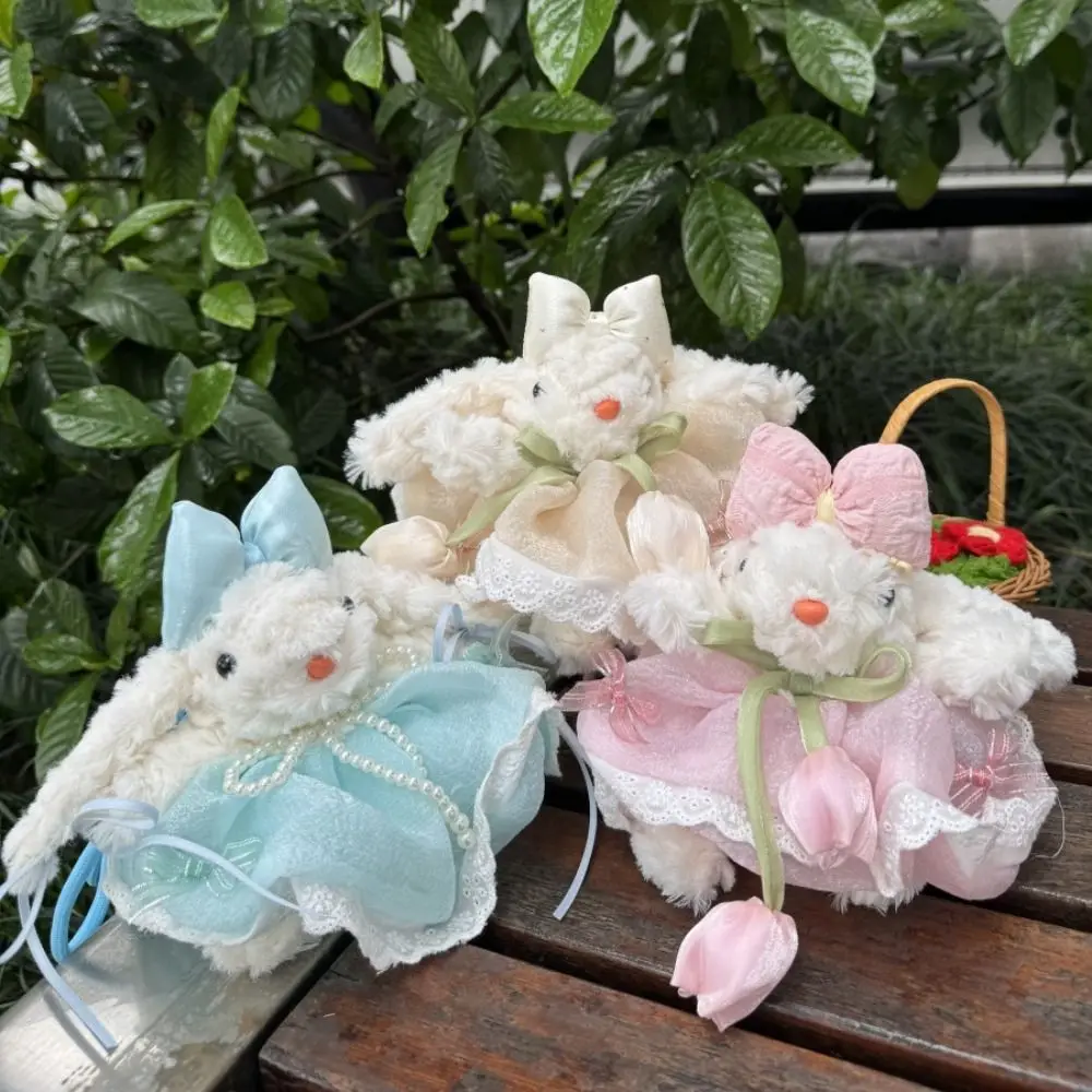 Bow Knot Bow Plush Rabbit Keychain Stuffed Princess Pearl Dress Rabbit Doll Keyring Kawaii Cartoon Plush Rabbit Keychain