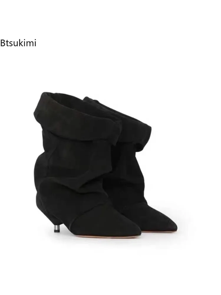 Nouvelles Bottes Courtes à Talon Fin pour Femme Automne-Hiver 2026, Bottes Pointues à Tube Large Pliées et Superposées, Bottines Montantes Tendance pour Dames