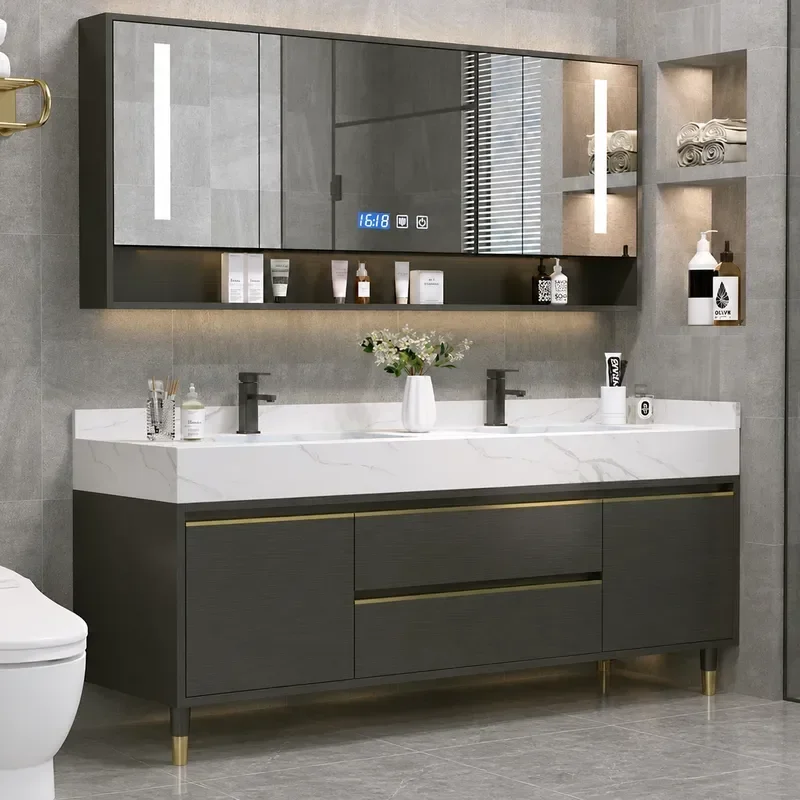 Modern Slate Double Basin Bathroom Cabinet Floor Standing Vanity Unit with Washbasin Simple Style Bathroom Storage Furniture
