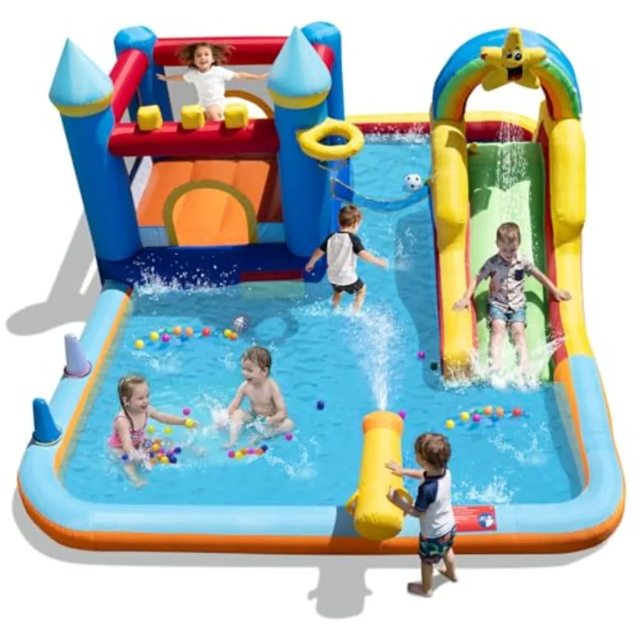 

Inflatable Water Slide Bouncy Castle with Climbing Wall Splash Pool Basketball Rim Volleyball Football Water Cannon Combo Water