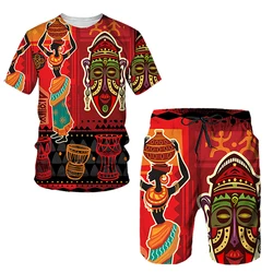 African Ethnic Style Men's T-shirt Sets 3D Print Tracksuit T Shirts Shorts 2 Pieces Streetwear Male Oversized Suits Sportswear