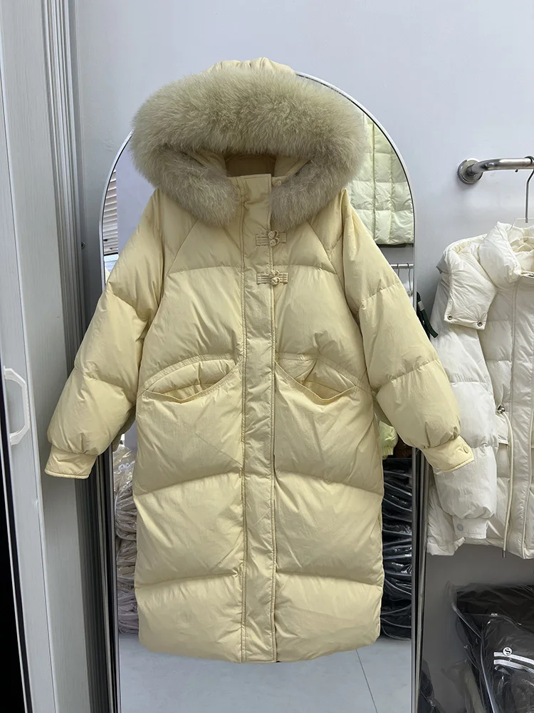 

Winter long style over knee premium loose white duck down jacket Korean version new women casual hooded slimming coat