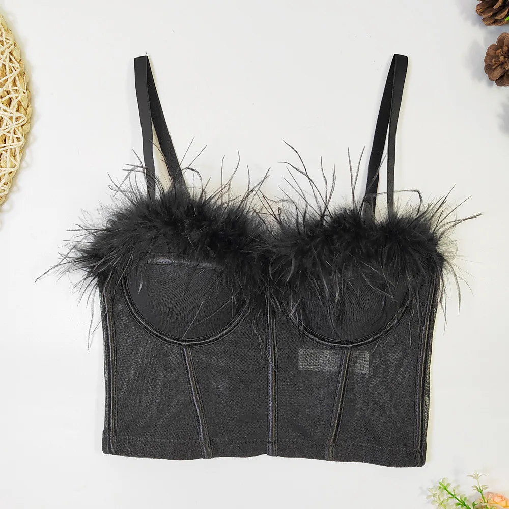 Sexy Feather Padded See Through Push Up Bra with Fishbone Strap Tank Top Women Short Sweet Bralette Sexy Underwear Corset 40C