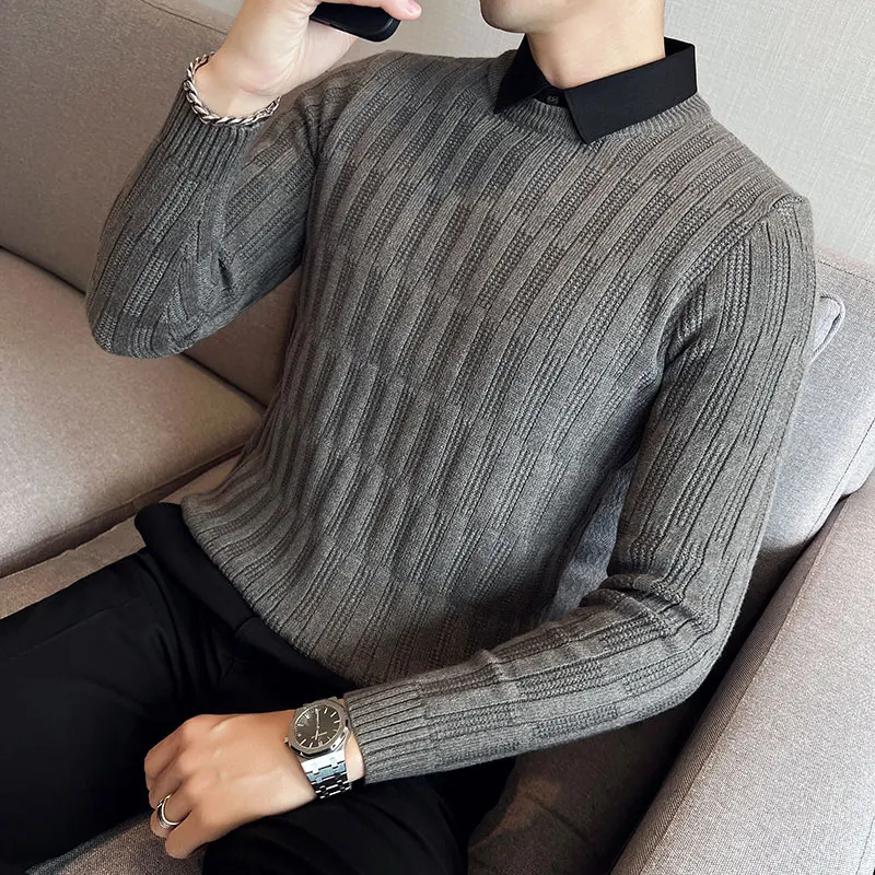 

Men's Winter Fake Two-piece Thickened Stretch Knit Pullover/ Male New Solid Color Slim Casual Jacquard Shirt Collar Soft Knitted