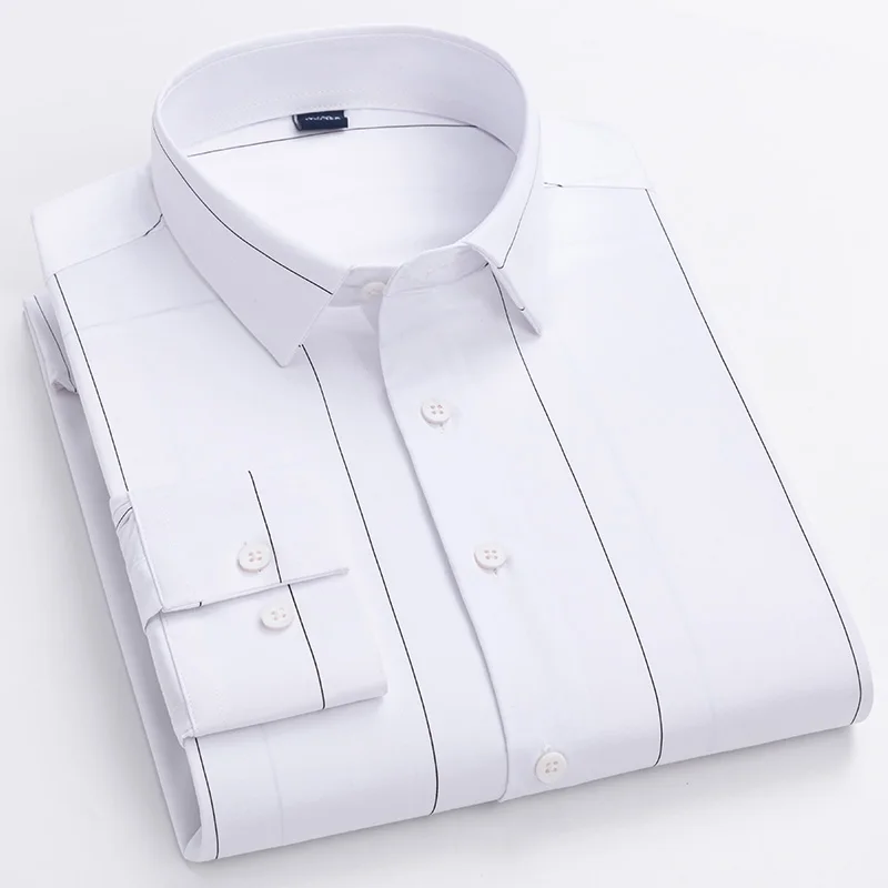 Camisa elástica de fibra de bambú para hombre, camisa de manga larga antiarrugas, transpirable, suave, ajuste estándar, a rayas, informal, de