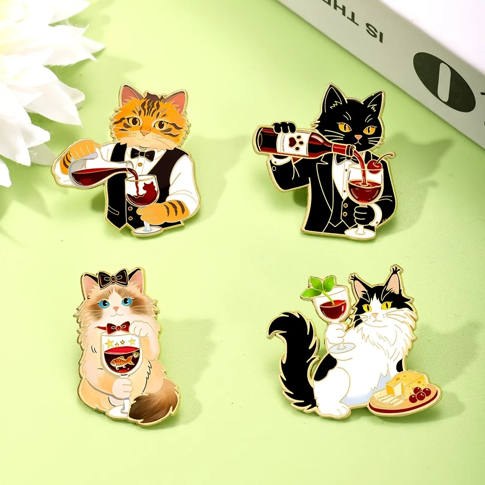 Niedliches Katzen-Wein-Emaille-Pin-Set, lustige Cartoon-Katzen-Barkeeper-Brosche für Taschen, Kleidung, Schmuck, Geschenk