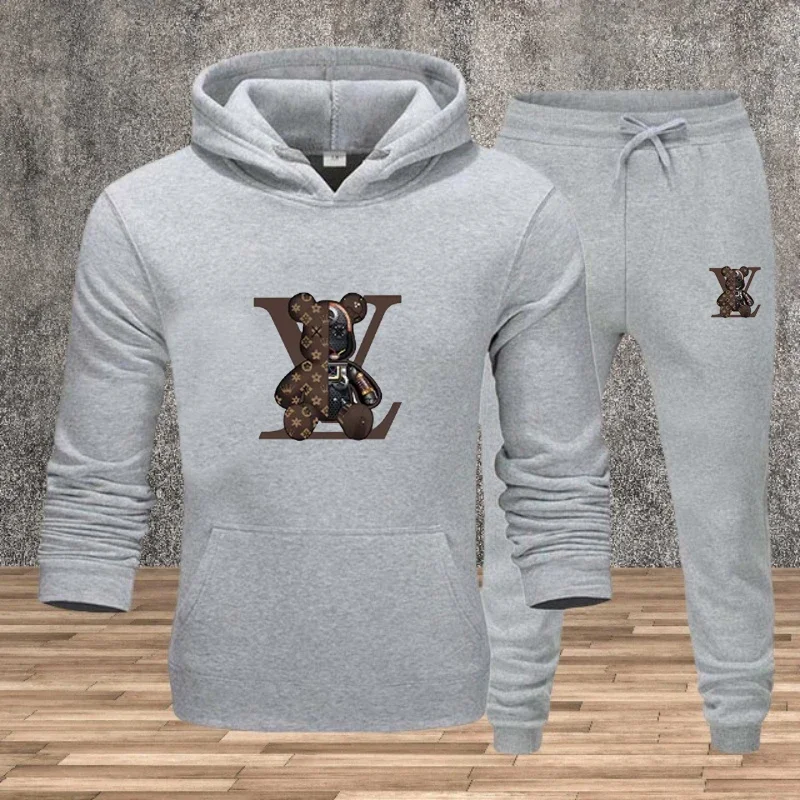 

Men's autumn and winter two-piece fashionable and casual long-sleeved hooded sweatshirt and warm sports long pants fitness set