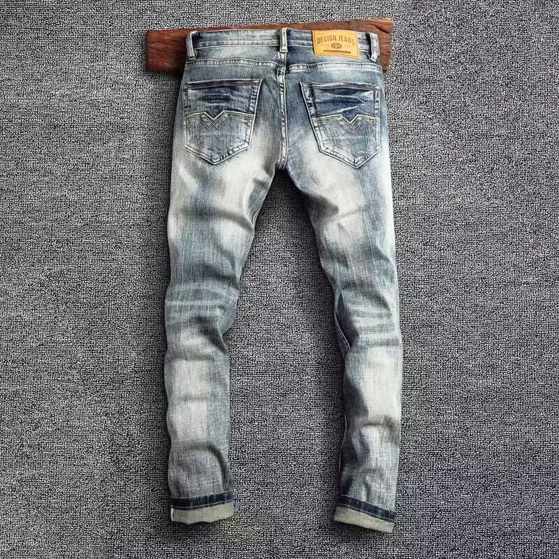 Mode trend ige Männer Jeans Retro gewaschen grau blau elastisch schlank zerrissene Jeans Männer Vintage Hose Stickerei Designer Jeans hose