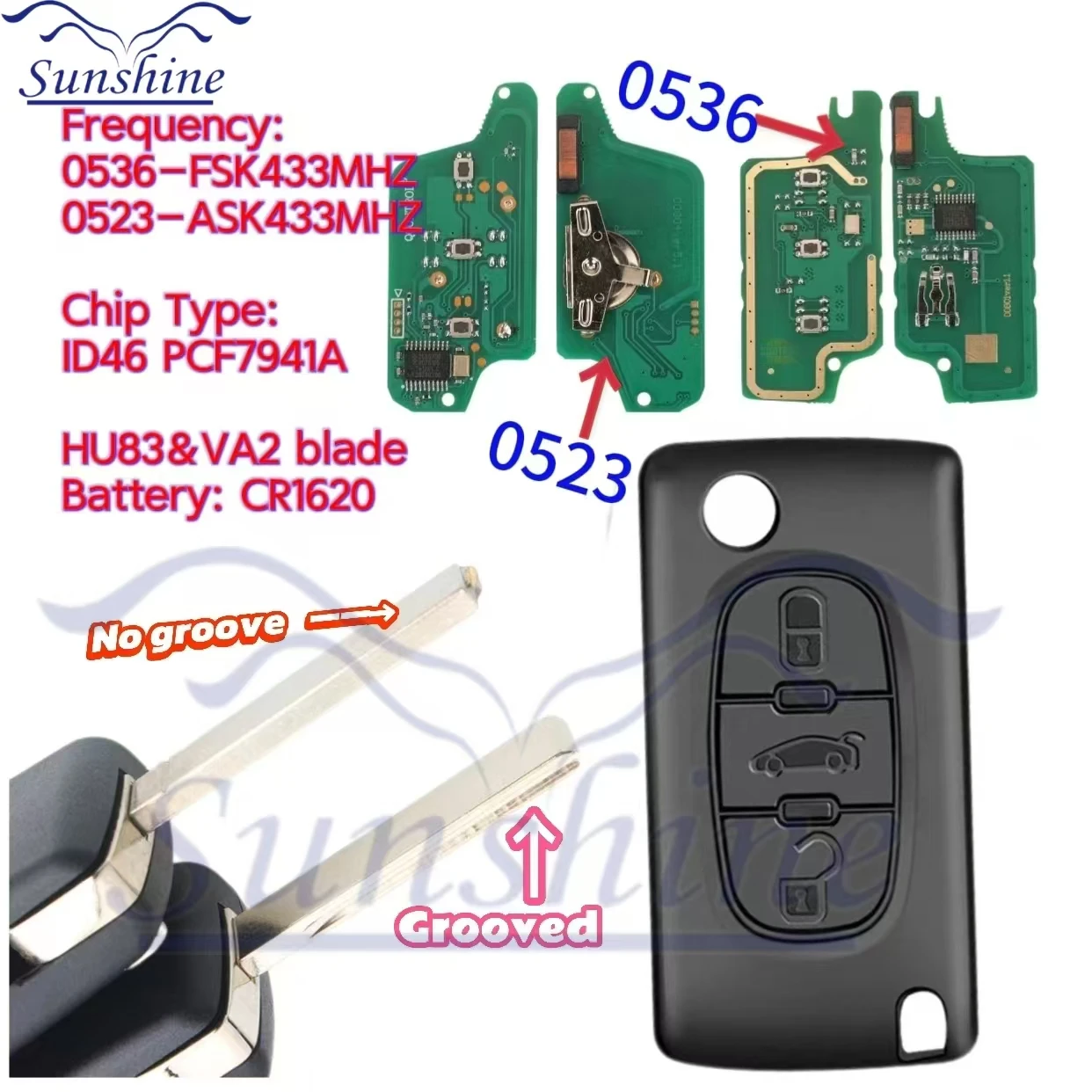 Sunshine NOWOŚĆ Dla Citroen C4 C5 C6 C8 Xsara Picasso Dla Peugeot 107 207 307 308 CE0536/0523 Zdalny kluczyk samochodowy ASK/FSK 434Mhz