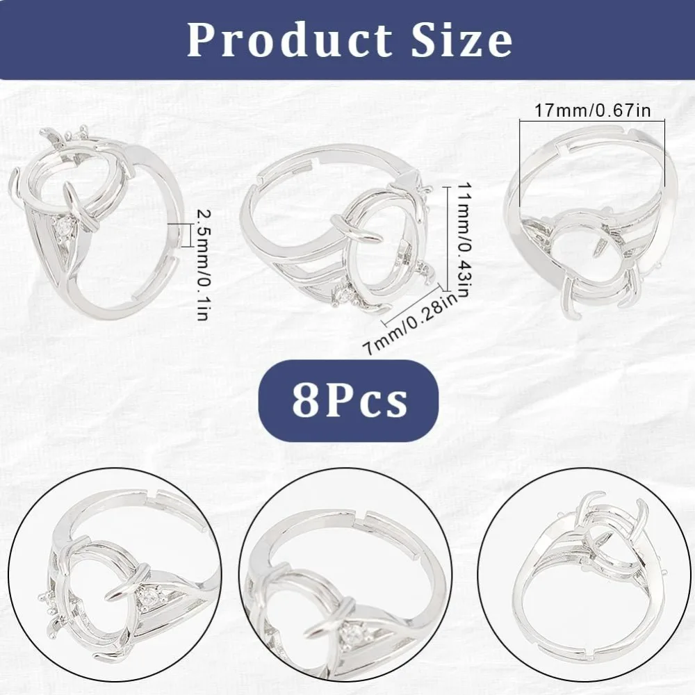 8PCS Silver Prong Ring Blank Prong Ring Settings Adjustable Finger Metal Alloy Ring Bases Setting for Jewelry making kit