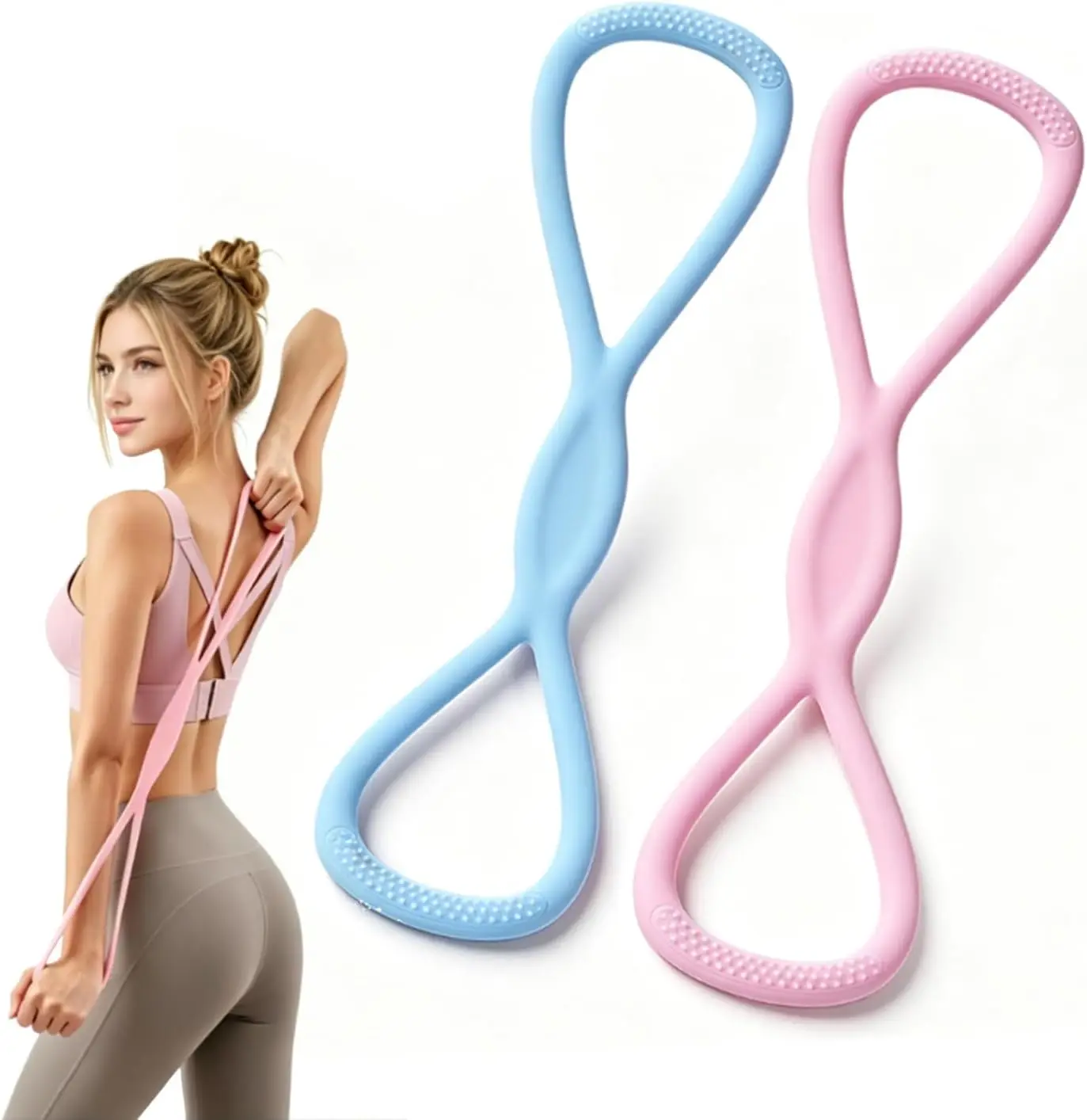 Banda de resistencia en forma de 8, 2 bandas de resistencia en forma de 8 para mujeres y hombres, bandas de goma con asas antideslizantes para estirar brazos, espalda y hombros (rosa+azul)