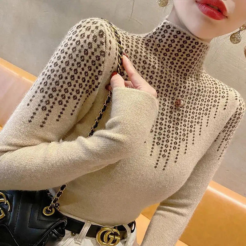 Women's Half High Collar Underlay 2024 New Autumn and Winter Commute Slim Printing Long Sleeve Pullover Sweater Knitted Tops