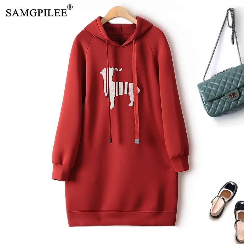 

Dresses Autumn Winter 2023 Casual Cute Animal Figure Flocking Hooded Stretch Space Cotton Mid-length Sweater Women's Dress 4XL