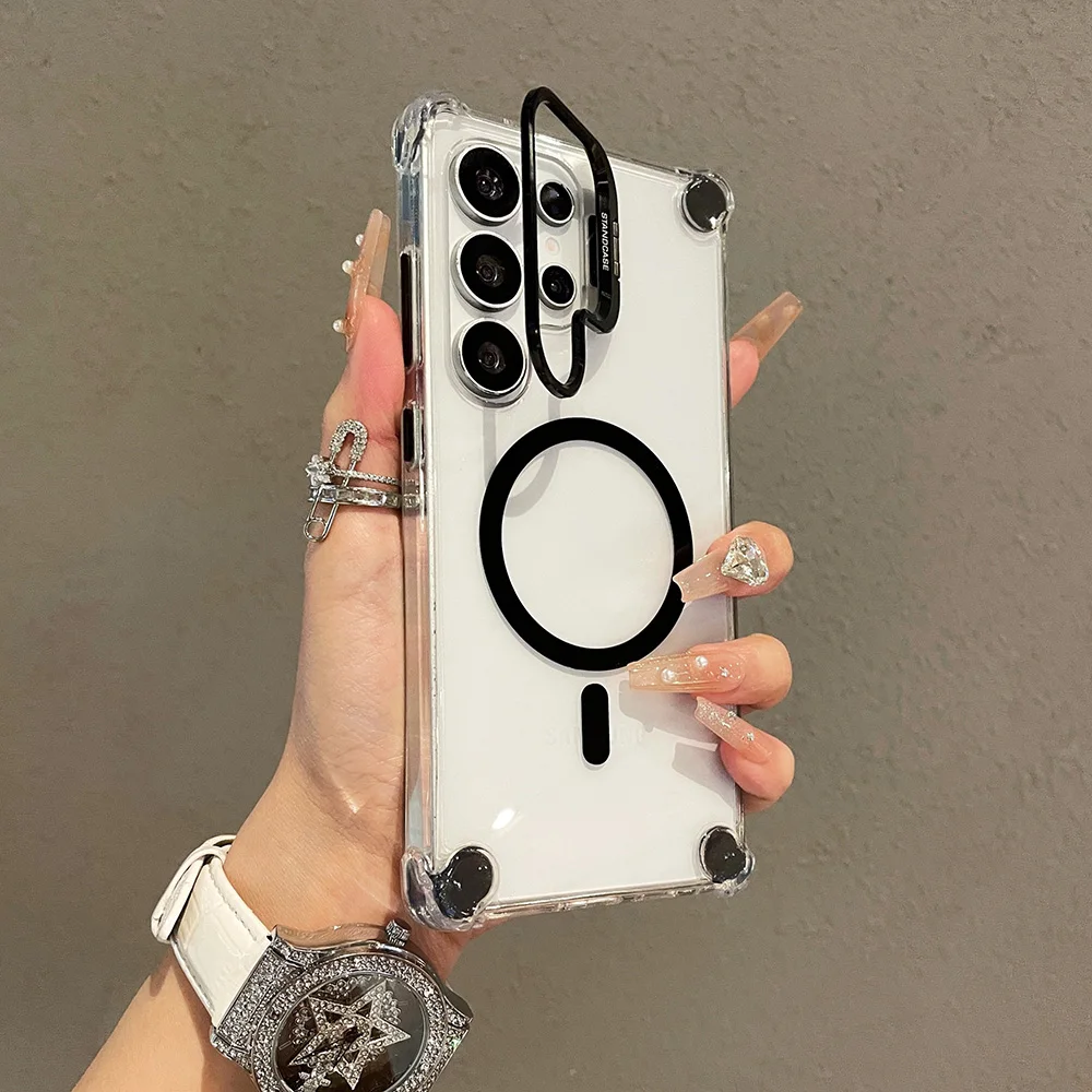 Camera Lens Flip Bracket Stand Case For Samsung Galaxy S23 S24 S25 S22 Ultra Plus FE A56 A36 A26 A16 A17 Magnetic Acrylic Cover