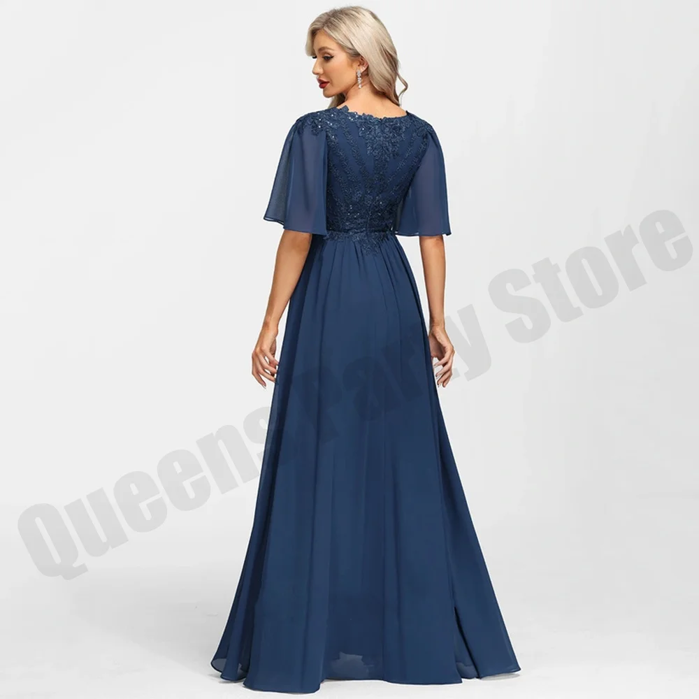 New Arrival Chiffon Evening Wedding Guest Dresses Batwing Sleeves V Neck Sequin Applique A Line Mother of The Bride 