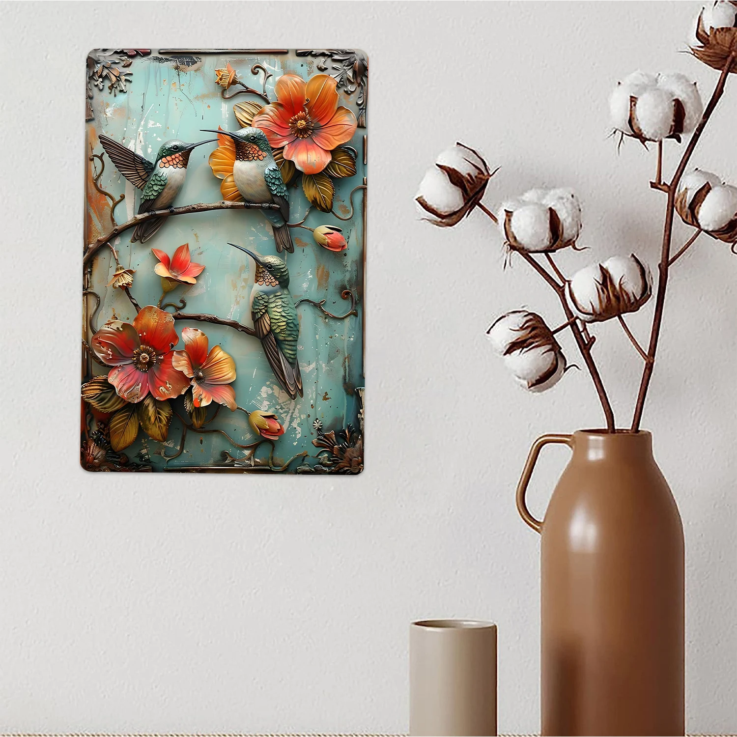 Vintage Aluminum Floral Hummingbird Plaque, Decorative Wall Art for Kitchen, Garden, Cafe, Office, 30x20cm