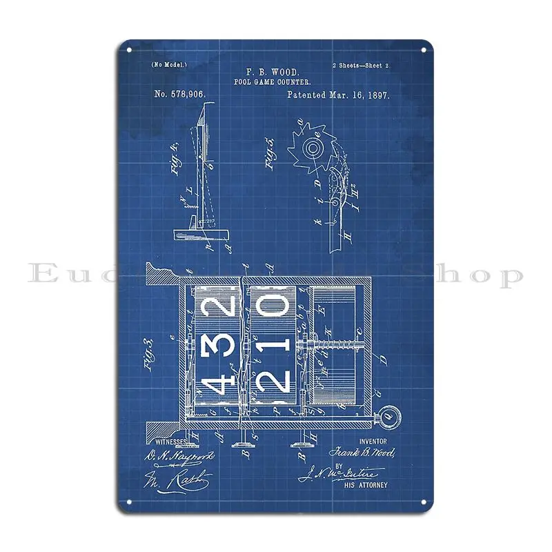 51 1 Pool Game Counter Old Patent Year 1897 Sheet 2 Blue Blueprint Metal Plaque Poster Garage Character Vintage Tin Sign Poster