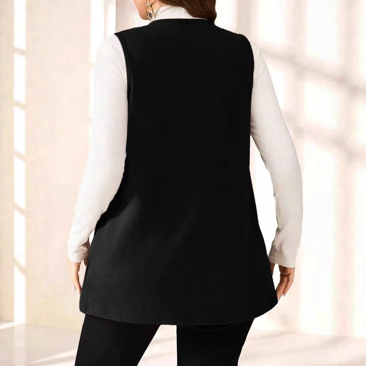 Sleeveless Coat with Pocket and Polo Collar Mid Length Regular Fit Office Style Women Vest for Autumn Cross Border Elegant