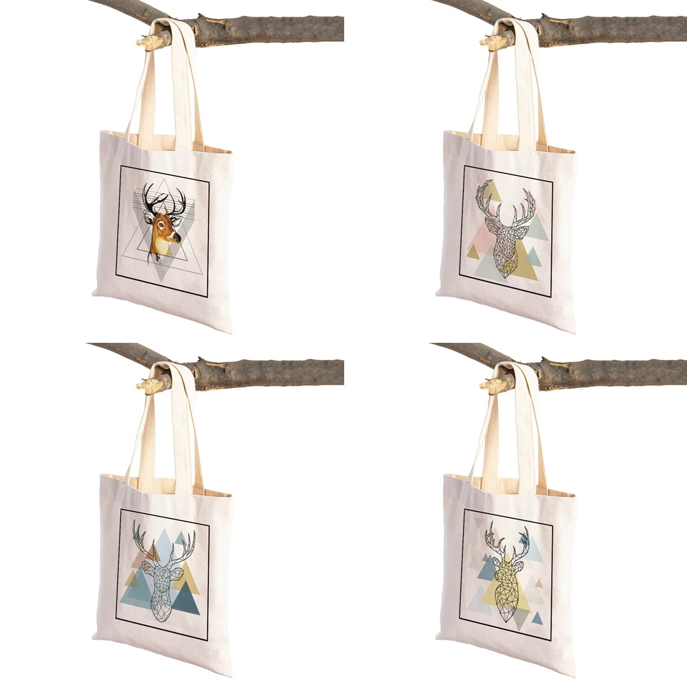 Cartoon Deer Women Shopping Bag Reusable Geometric Animal Shopper Bag Double Print Casual Canvas Travel Tote Supermarket Handbag