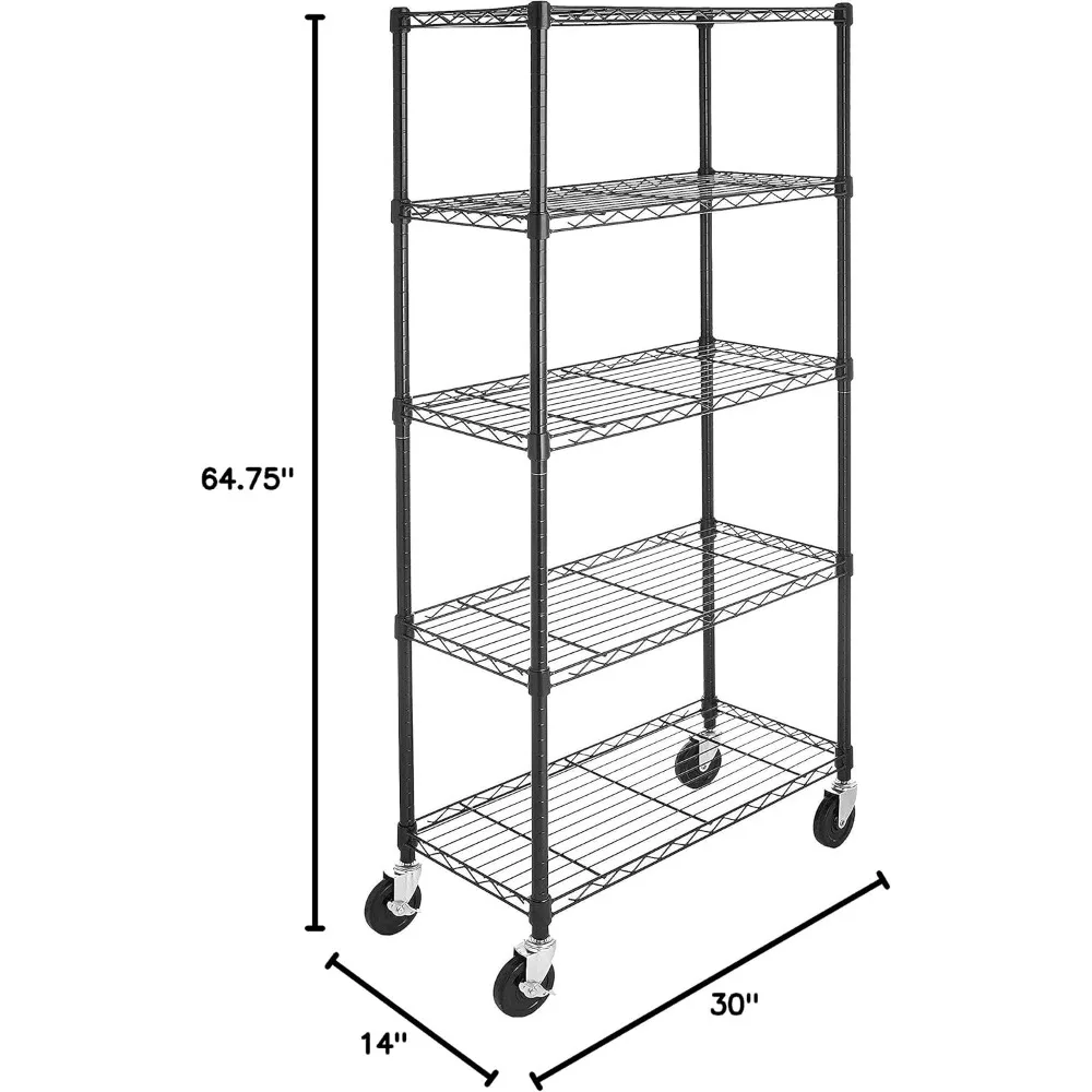 5-Shelf Adjustable, Heavy Duty Storage Shelving Unit on 4'' Wheel Casters, Metal Organizer Wire Rack, 30" L x 14"