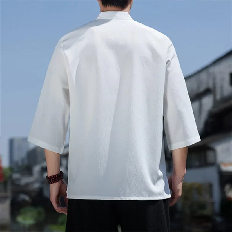 LIBIELIY Spring Summer Men's Loose Three Quarter Sleeve T-Shirts Fashion Chinese Style Casual Stand Collar Tees Solid Male Tops