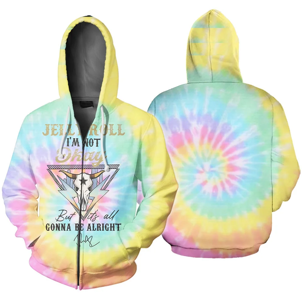 Jelly Roll Hoodie I am not Okay merch for Men and Women Cool 3D Print Colorful Zipper Hoodie Coat