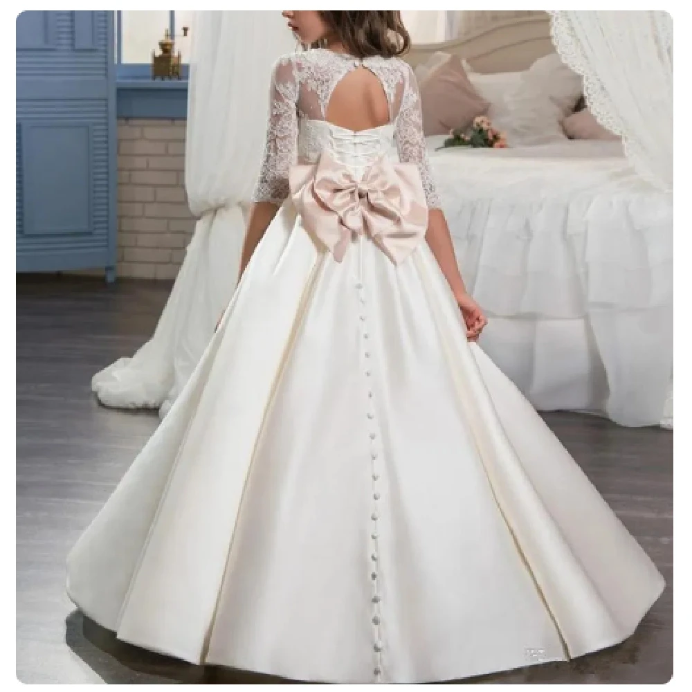 Elegante vestido branco de cetim para meninas, arco aberto para as costas, vestidos para a primeira comunhão, vestidos de festa e baile de formatura