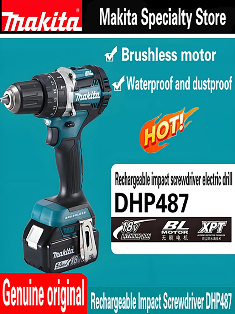 Original Makita Dhp487 Akku-Bohrschrauber Bürstenloser Elektrischer Schlagschrauber Wiederaufladbares Elektrowerkzeug 18V mit Akku