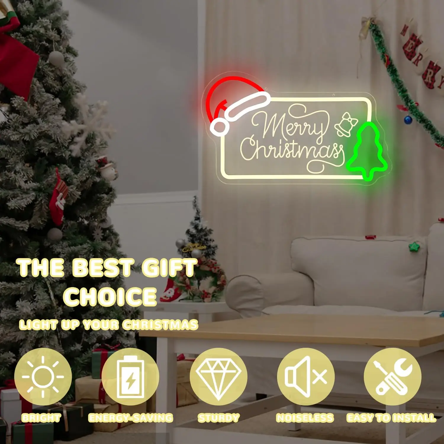 Merry Christmas Glowing Neon Sign Dimmable Santa Hat Tree Pattern Wall Neon Light Home Holiday Decoration Gift