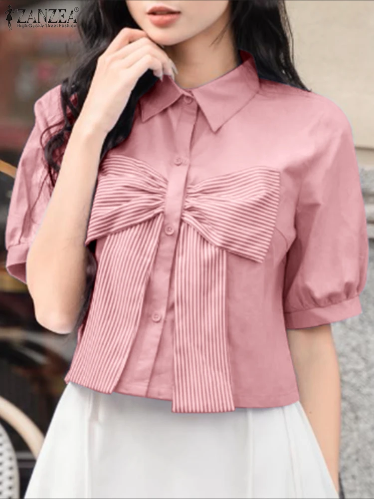

Повседневные свободные рубашки, женские блузки с коротким рукавом и бантом, Blusas 2025 ZANZRA, модная туника с отложным воротником, однотонные топы большого размера