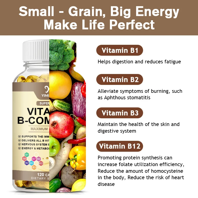 Organic Vitamin B Complex Capsule (B12 B1 B2 B3 B5 B6 B7 B9 Folic Acid & Biotin) Relieve Stress Supports Better Mood