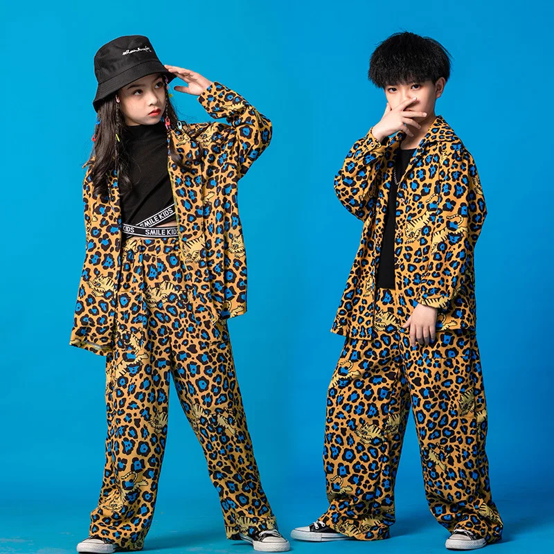 Boys Street Dance Leopard Shirt Girls Casual Pants Hip Hop Print Streetwear Suits Kids Jazz Outfits Teens Stage Costume Clothing