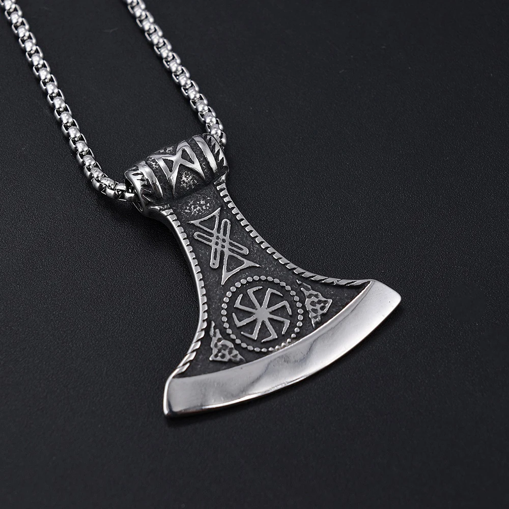 NORRON Rune Relief Viking Battle Axe Alloy Pendant Necklace Personality Retro Men Metal Guillotine Pendants Fashion Jewelry