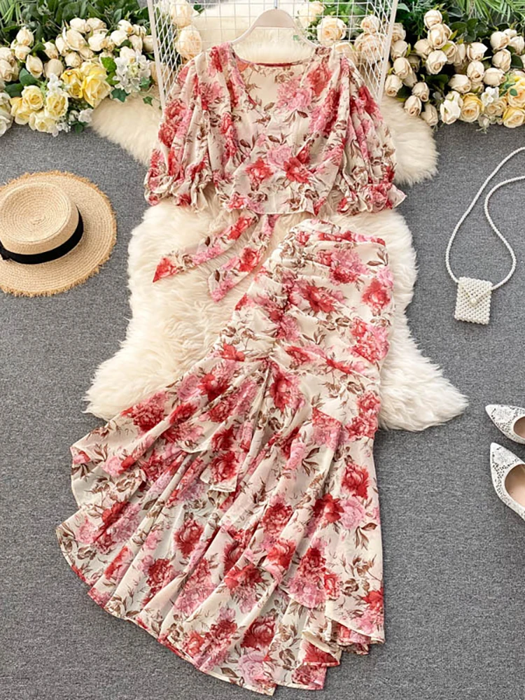 Holiday Style Floral Print Lace-up Shirts And Pleated Fish Tail Long Skirt Set Bohemian Chiffon Two Piece Set For Women Outfits