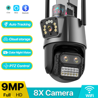 Outdoor PTZ Camera Wifi IP Camera 9MP 6K HD 8X Hybrid Zoom Three Lens Dual Screen Police Light Alarm CCTV Surveillance iCSee