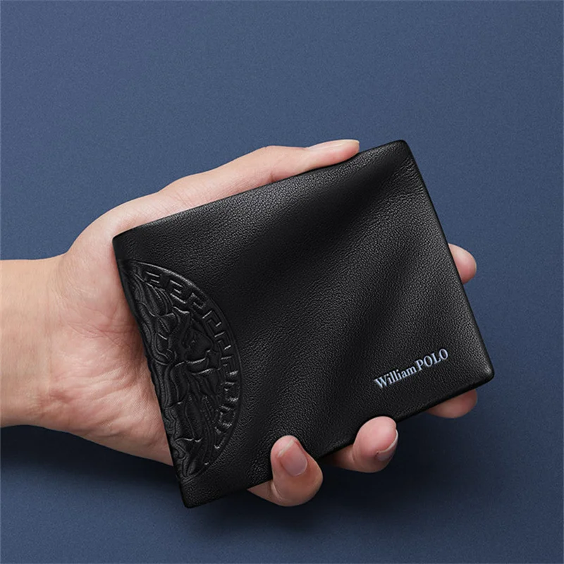 WILLIAMPOLO Brand Business Men Wallet Genuine Leather Embossing Wallet Bank Credit Card ID Card Holder Wallet For Men Gifts