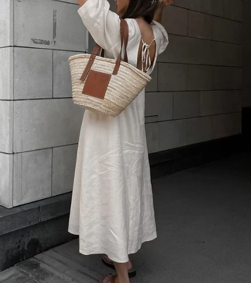 エレガントな女性のドレスフレンチアーバンコットンリネンレースアップ V ネックバブルスリーブドレス女性のカジュアルルーズシャツロングドレス