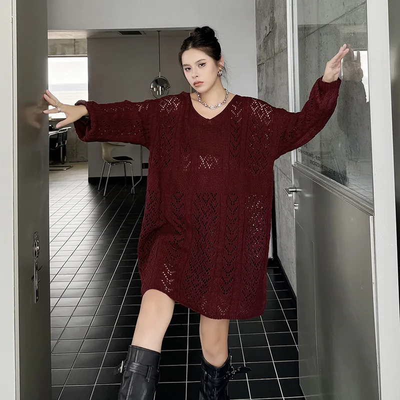 

Women Sweater Full Sleeve Knit Pullovers Hollow Loose V Neck Long Tops Jumpers Elegant Lady Streetwear Casual Autumn Winter