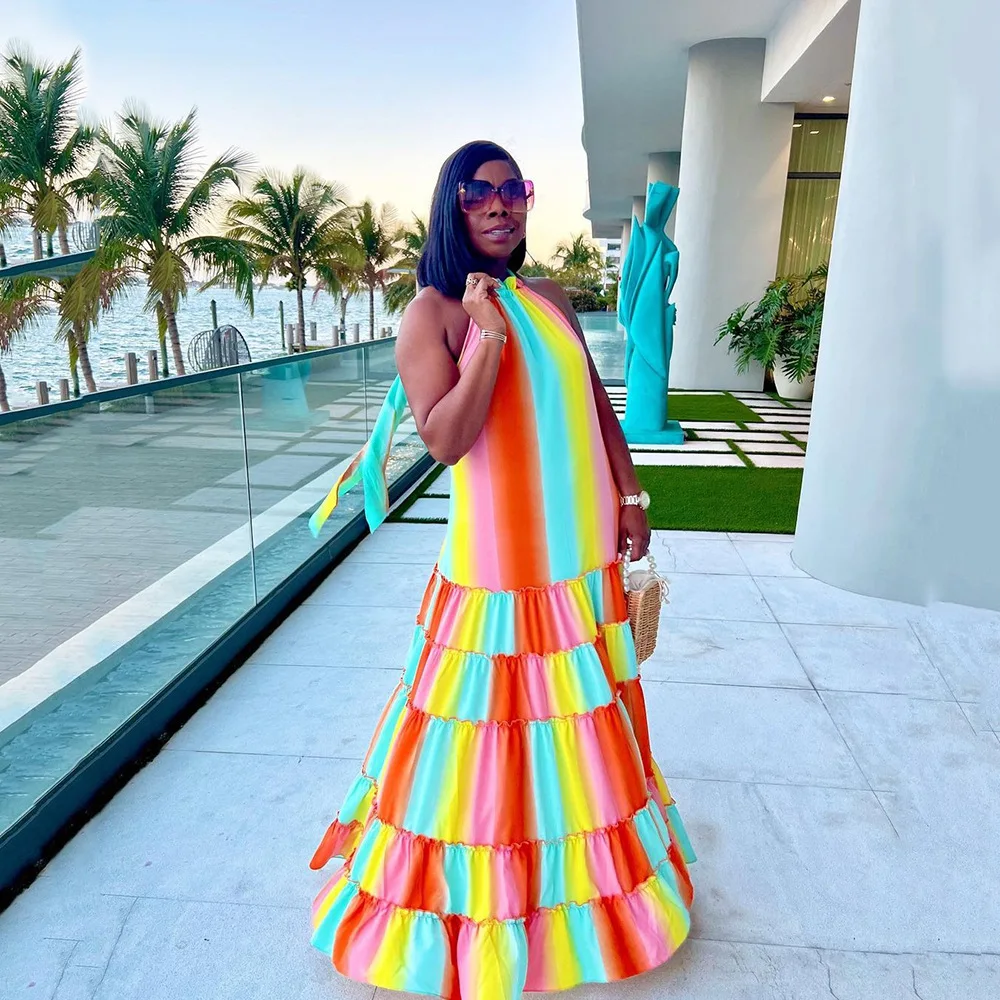 2025 New Neck Sling Backless Multi-layer Ruffle Edge Printing Dress Women's Clothing Colorful And Thin Temperament Elegant