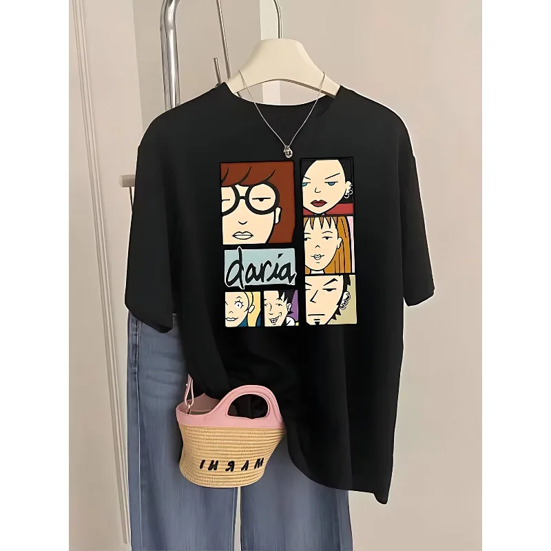 

Ladies' White Dalia Pattern T-shirt 90s Retro TV Show Character Print Nostalgic 90s Anime Fans Essential Casual Cotton T-shirt