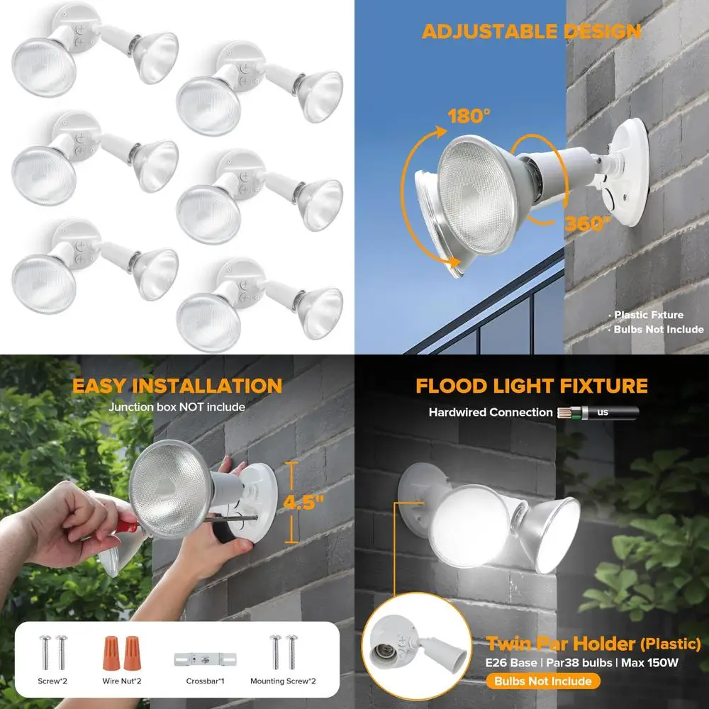 

Adjustable Twin Par38 Outdoor Security Lights, 300 Watt Waterproof Fixture for Garage, Yard, and Porch