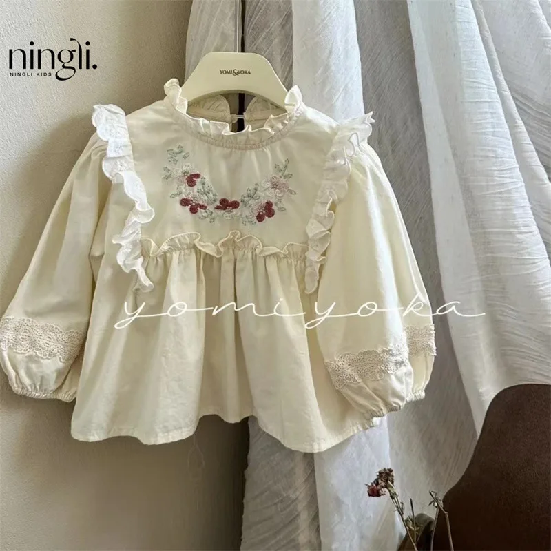 T-shirt Girl Spring and Autumn New Fruit Embroidery Lace Doll Sweet and Versatile Cute Printed Simple Daily