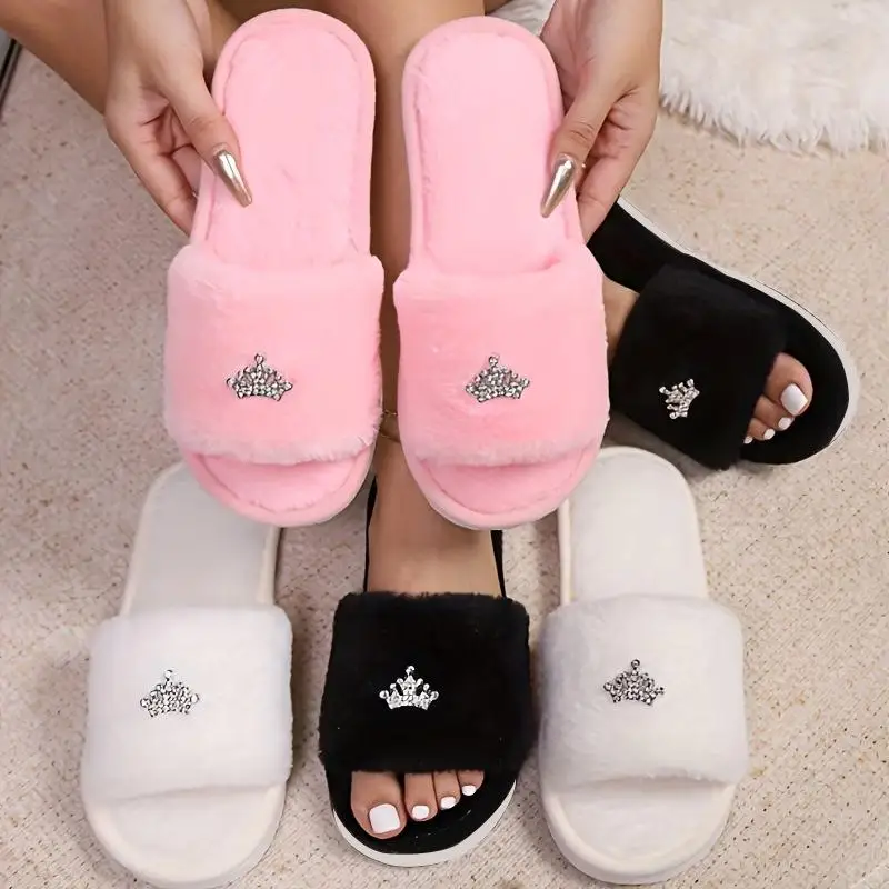 Fashion Crown Decoration Home Slippers for Women 2026 Winter Soft Sole Fluffy Slippers Warm Short Plush Open Toe Slides Shoes
