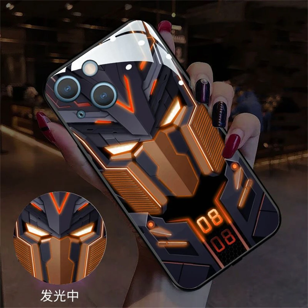 2024 Super Cool Mech Mask Design LED Light Glow Luminous Phone Case For iPhone 15 14 13 12 11 Pro Max X XR XS Plus 6 7 8 SE2020