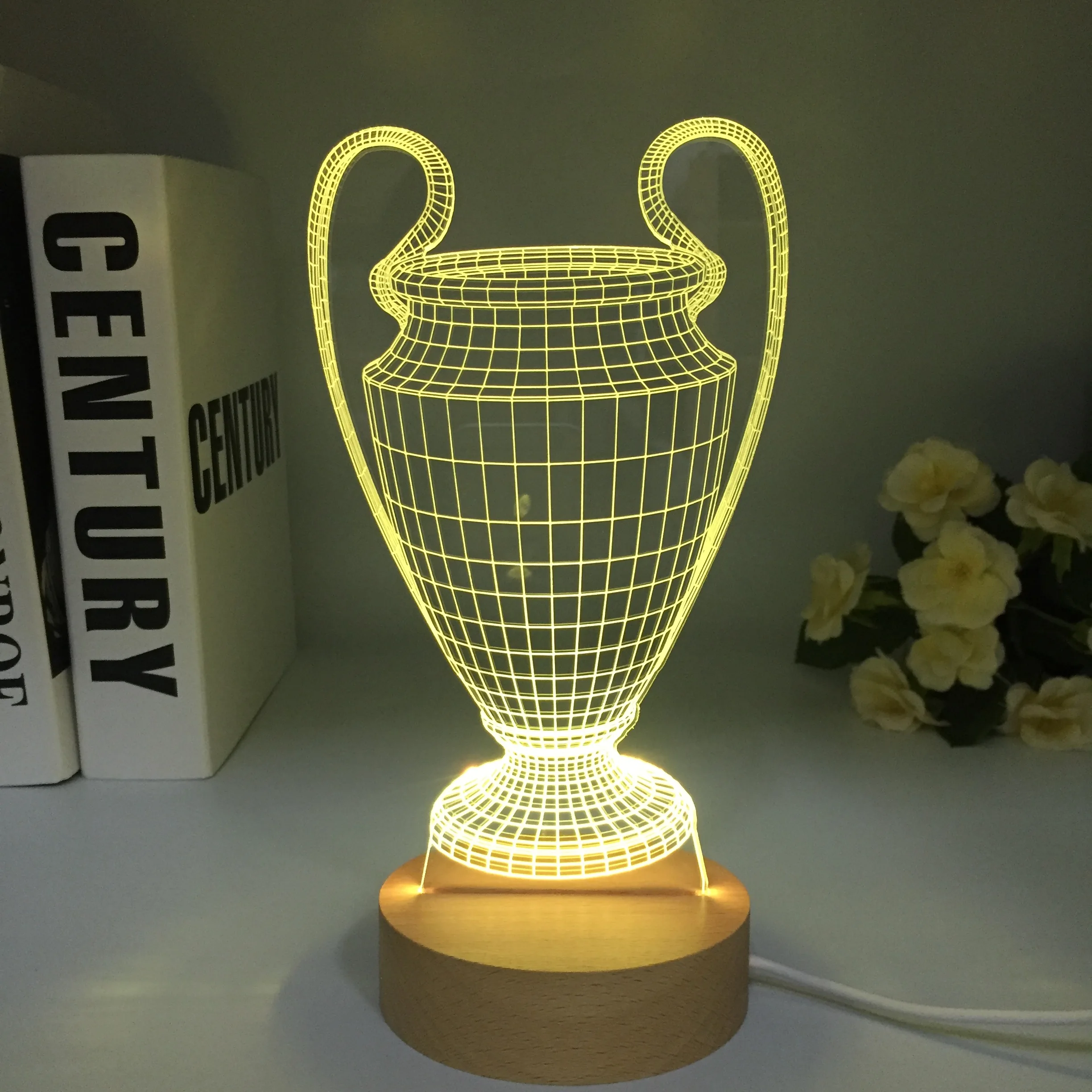 3D Football Cup Trophy Lamp Wooden 7 Colors Changing 3D LED Night Light USB Baby Bedroom Sleep Luminaria Wood Decor Light