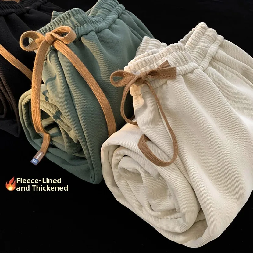 

Мужские зимние утепленные трикотажные повседневные брюки с флисовой подкладкой, прямые спортивные брюки свободного кроя, модные брендовые длинные брюки