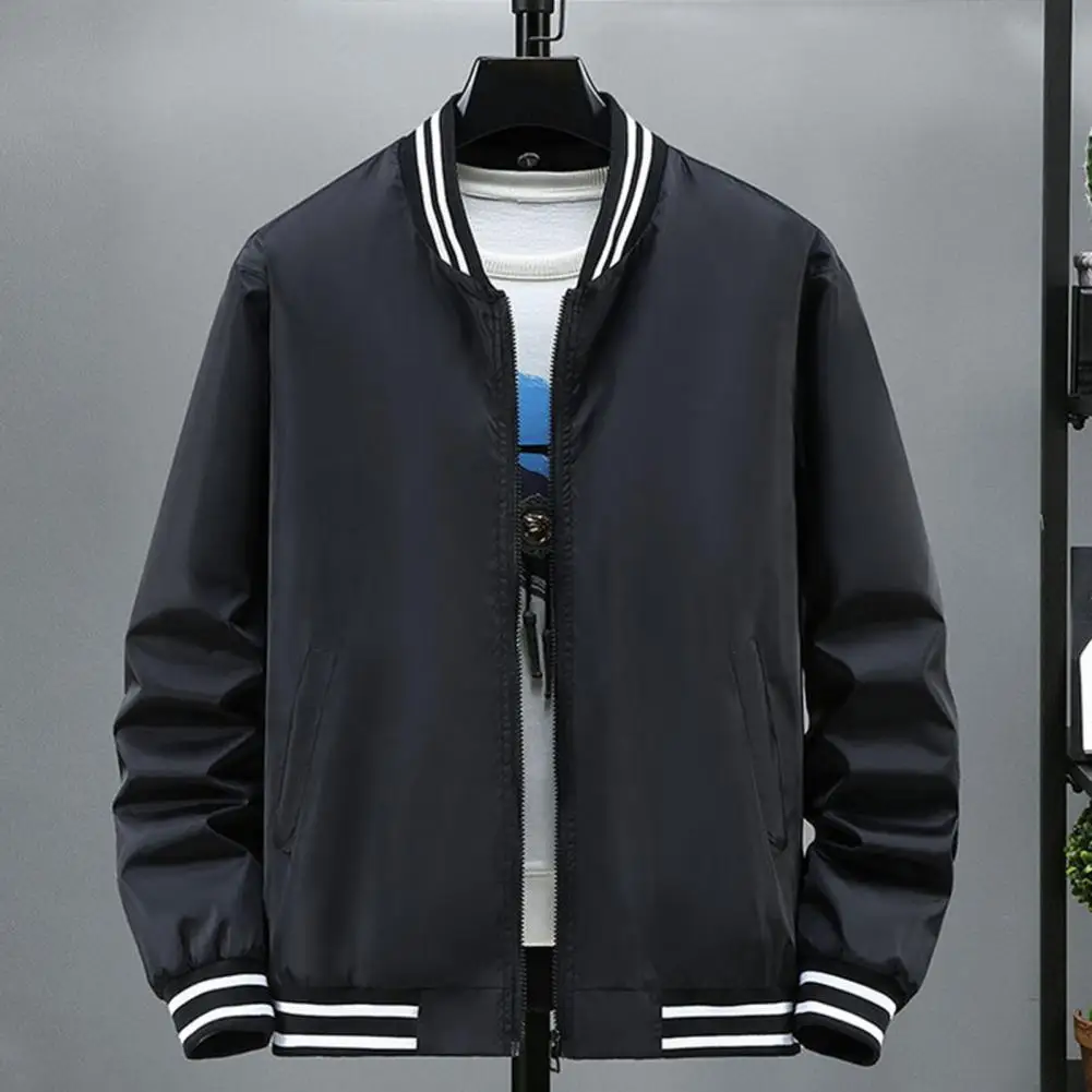 Spring Autumn Baseball Jacket Stylish Men's Baseball Jacket with Stand Collar Long Sleeve Striped Patchwork Design for Gym