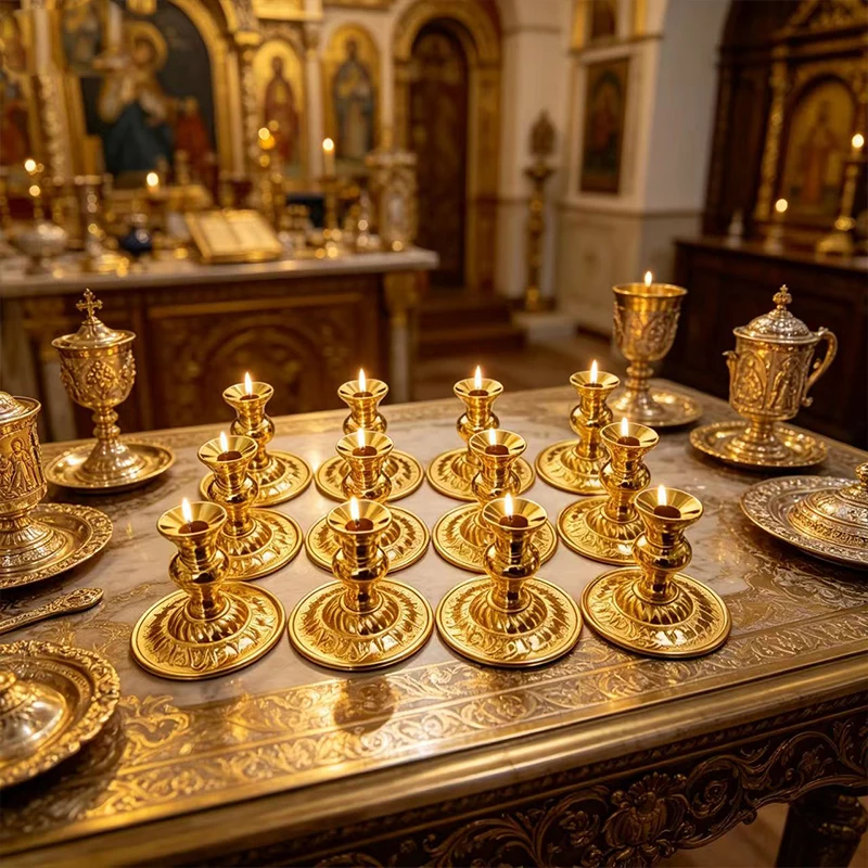 Orthodox Metal Candle Holder Gold Ornate Byzantine Candlestick for Church Altar Home Decoration Religious Christian Prayer Gift